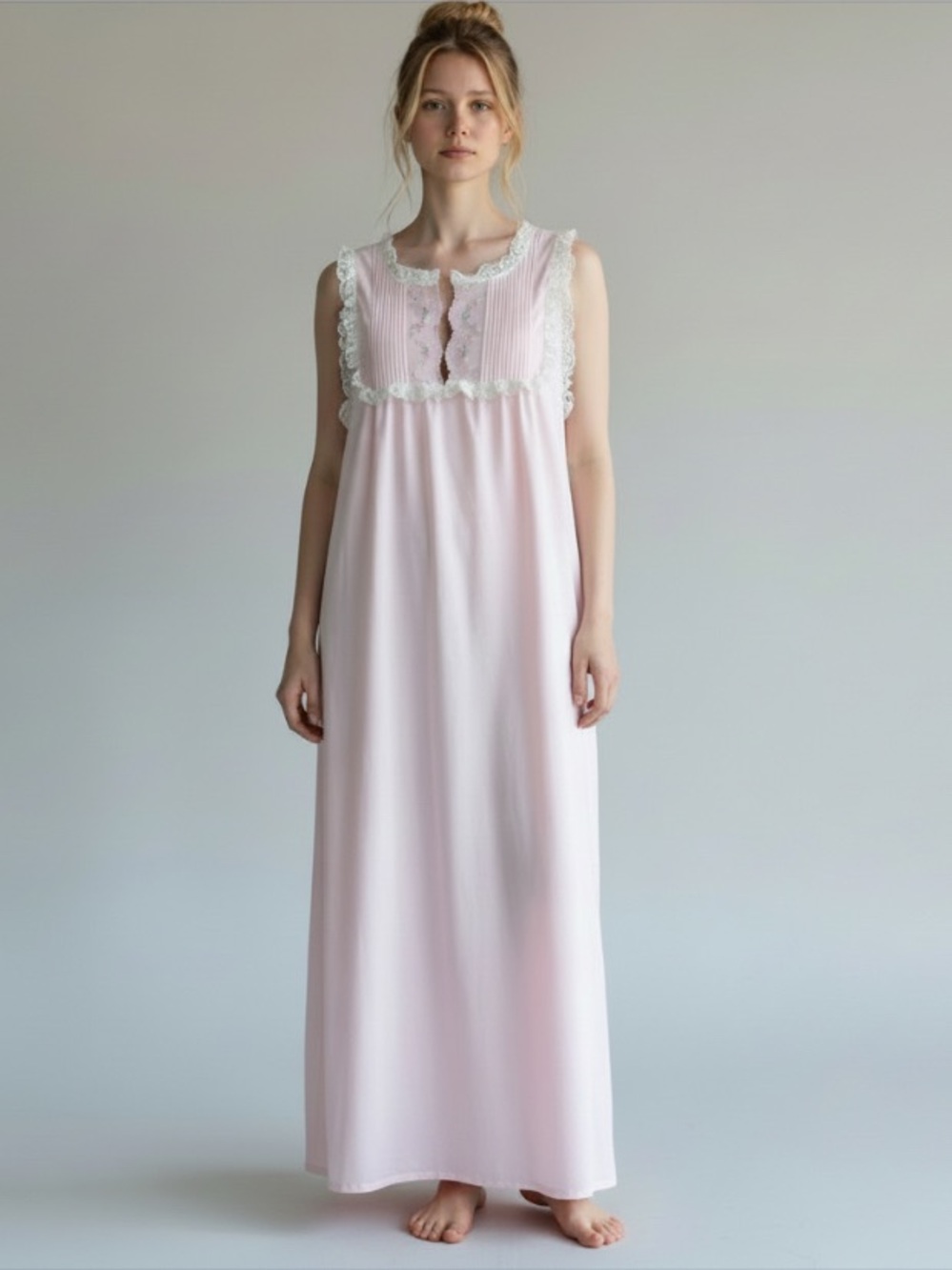 Vintage 80s Sleeveless Pink Lace Long Nightgown Floral Embroider Sz M Feminine